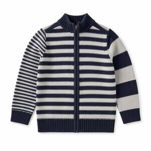 Tea Collection Boys Striped Zip Sweater - Navy Gray Cotton